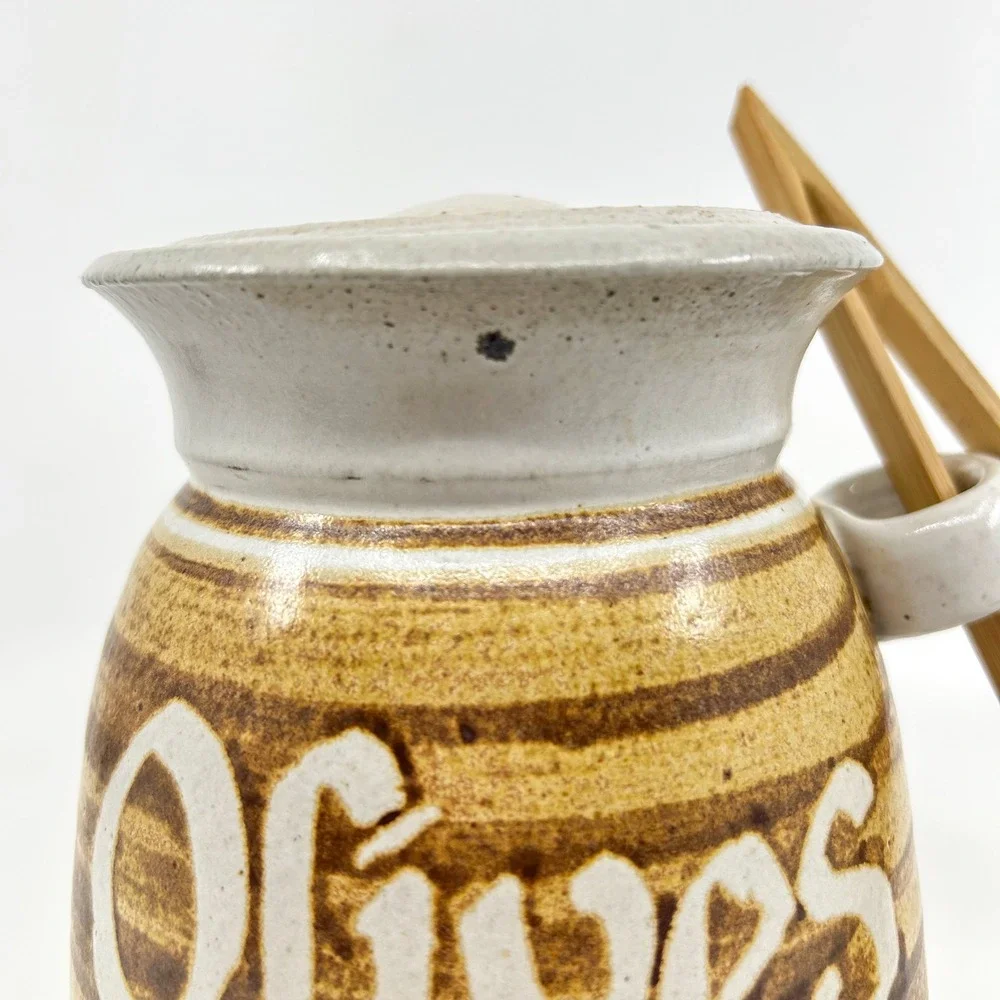Vintage Ceramic Olive Canister Handmade Pottery Rustic Stoneware Kitchen Decor